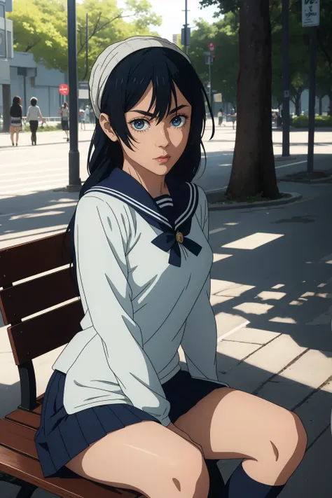  a teenage girl with long hair ,  straight black hair and sharp ,  Irritated Expression ,  sitting on a bench in a city plaza .  Shes wearing a typical anime style Japanese school uniform:   white blouse with sailor collar  ,  Navy Blue Skirt,  knee-high s...