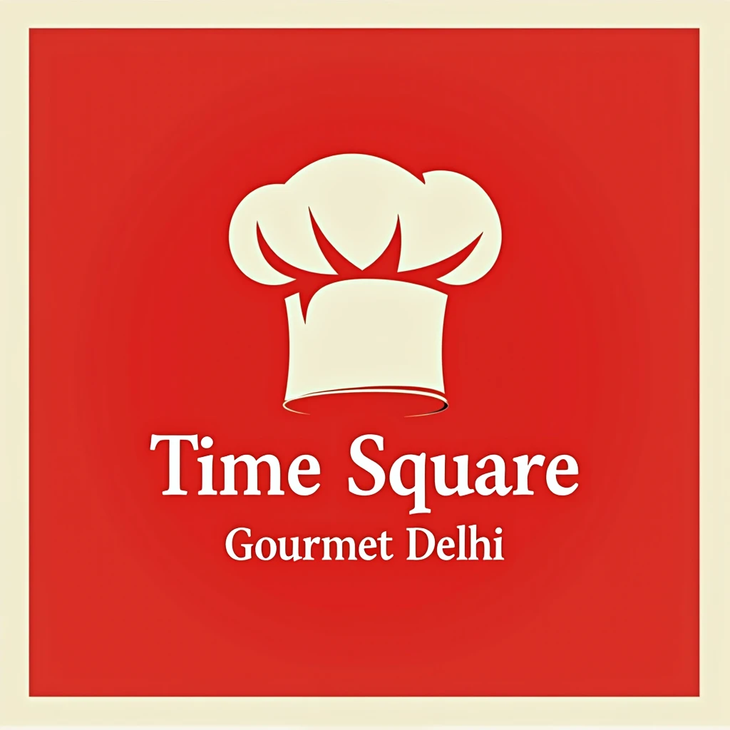 A professional logo for "Time Square Gourmet Delhi" with a gourmet chefs hat. The hat is placed on a red background. The 