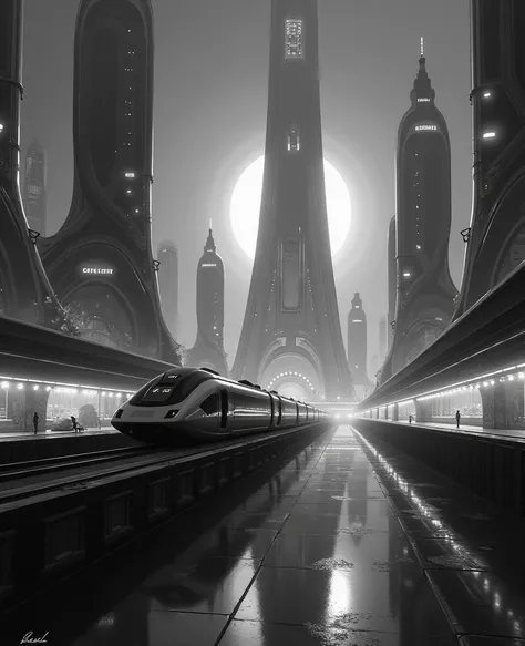 futuristic city with futuristic train and futuristic buildings at night, future concept art, otherwordly futuristic city, in fantasy sci - fi city, beautiful city of the future, futuristic utopian city, concept art 8 k resolution, concept art 8k resolution...