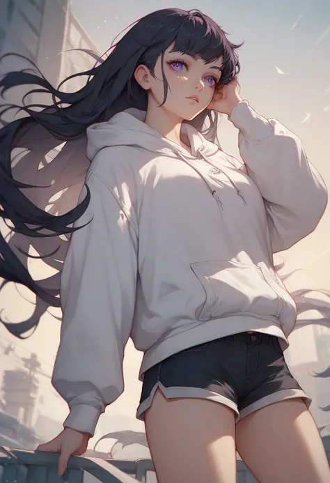 1girl, violet eyes, black hair, cool, straight hair, long hair, White hoodie, shorts,