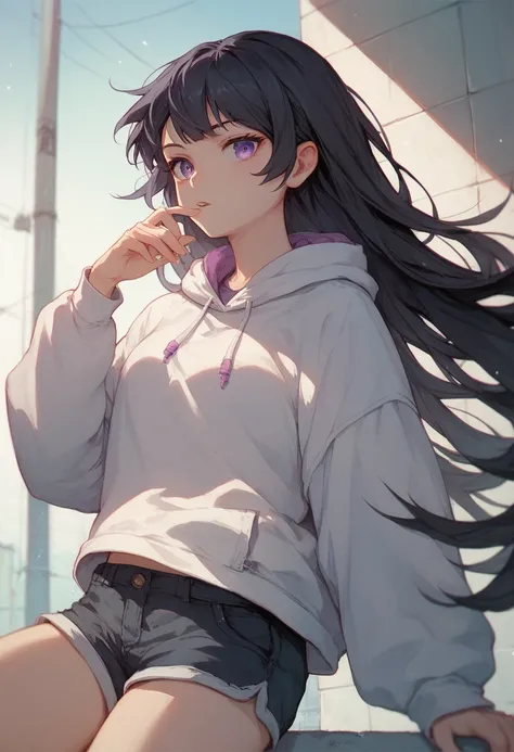 1girl, violet eyes, black hair, cool, straight hair, long hair, White hoodie, shorts, 18yo, kawaii