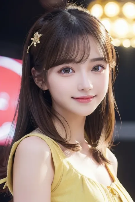 a fine details, high resolution,high quality,random hair style,big smile,pale eye colors,big eyes,bun hair,straight hair,tight dress,twin tales hair,((British style dress fashion)),brown hair,hair accessories,smile,idol fashion,at a stage,dancing,blue,gold...