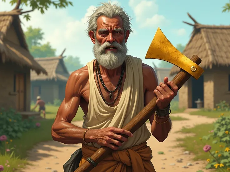 
 A poor middle age man wearing a vest and dhoti and hold a gold axe. A illustration image
Image should be in a village .
He has a little sad little happy