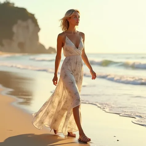 Blonde woman , 40 Years Old, mit weiblicher figur, french cut hairstyle, Go for a walk on the beach in a long summer dress with floral patterns and flip flops 