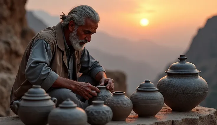 a Pakistani man demonstrating the magic of Pakistani craftsmanship making stone pots with stone lids amazing masterpieces, gray and black stone ,  at sunset 
