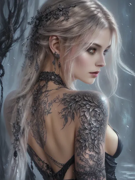 a woman with a tattoo on her back and a black dress, dark fantasy mixed with realism, fantasy art style, hyperrealistic fantasy art, realistic fantasy artwork, 8k high quality detailed art, gothic fantasy art, seductive cyberpunk dark fantasy, beautiful di...