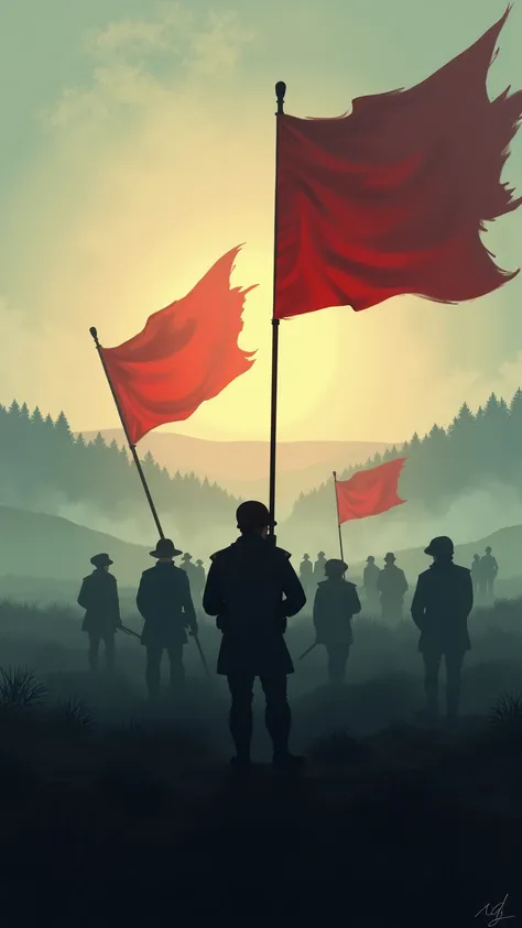 A battlefield at dawn, with revolutionary flags waving through the fog, historical painting style.