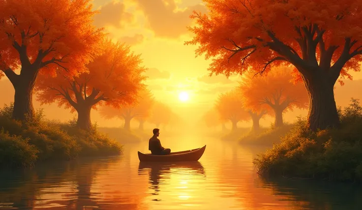  A man on a boat on a river surrounded by tangerine trees, with skies made of marmalade  