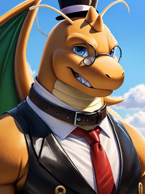 Solo, close up, Male, fat, extremely obese, gentleman, dapper Professor Dragonite, blue eyes, wearing a top hat, wearing a glossy leather collar, wearing the leather collar and necktie at the same time, (posing:1.3), (soft shading), 4k, hi res, ((detailed ...