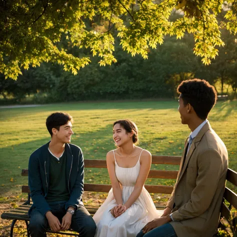 "A young man sits on a park bench in the evening, his face with a sad smile as he looks at a young woman in a light casual dress who is laughing and talking to another young man standing not far away. Leaves fall around, the atmosphere is warm but latent w...