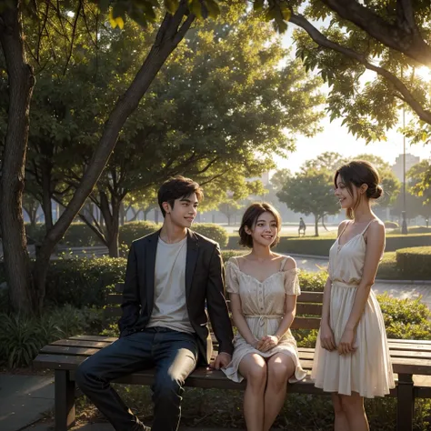 "A young man sits on a park bench in the evening, his face with a sad smile as he looks at a young woman in a light casual dress who is laughing and talking to another young man standing not far away. Leaves fall around, the atmosphere is warm but latent w...