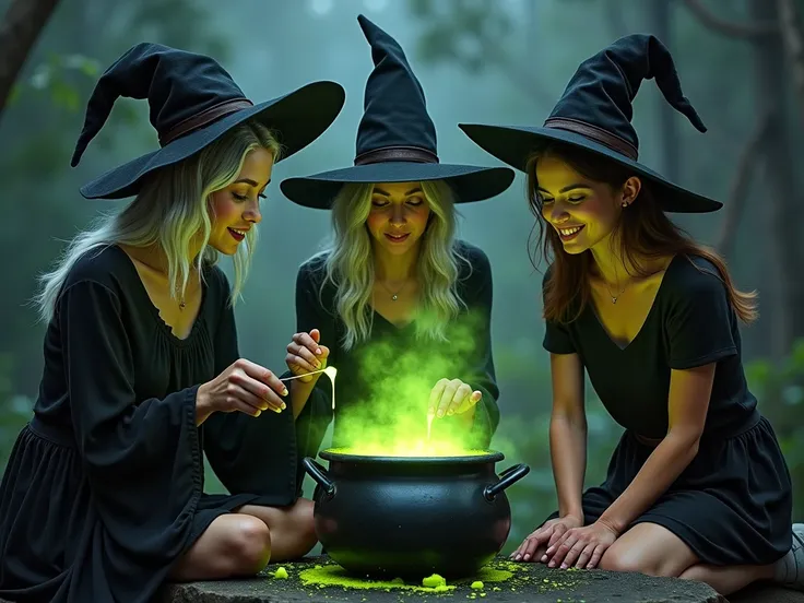 3 sister witches of different ages  ( 20 years short brown hair , s long gray hair ,  s short brown hair) and heights around a cauldron with neon green liquid. That all three of them have witch hats and one of them is stirring the cauldron