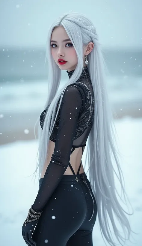 Create an image of a realistic 3D scene featuring a single girl with long white hair, standing outdoors on a snowy beach. The setting is winter, with snow gently falling around her, creating a serene and chilly atmosphere. She is dressed in a stylish cospl...