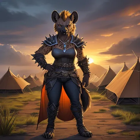 Masterpiece, HD, high resolution, high quality, best quality, super detailed. Solo character alone. Fantasy art.
{{(A 50-years-old female-adult-gnoll:(appearance: hyena-head. real-hyena-face. hyena-orange-color-eyes. black-nose. hyena ears, hyena-mouth. hy...