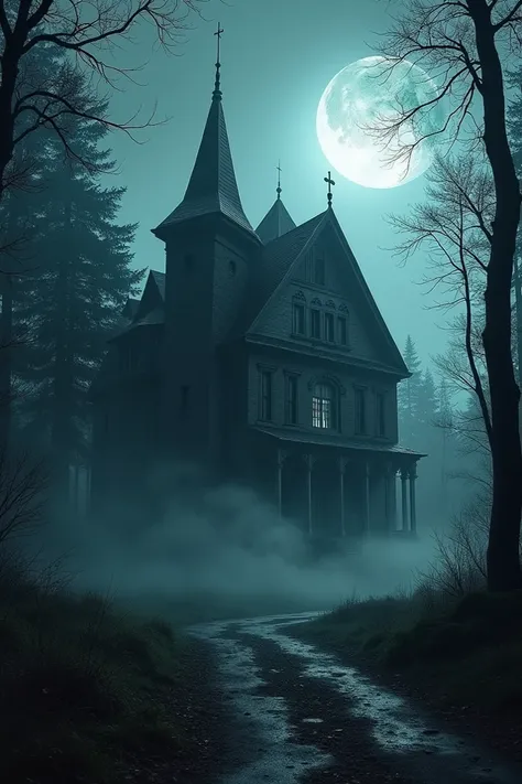 "A cursed, eerie mansion on the outskirts of a quiet village, surrounded by dense, foggy forests. The mansion looks abandoned, with cracked walls, broken windows, and a dark, mysterious aura. Moonlight barely illuminates its shadowy, haunting silhouette. P...