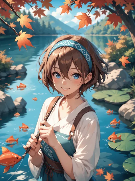  Girl fishing in a lake full of fish,  looking at the viewer, smile, blush,  short hair,  blue eyes,  brown hair,  Hair between eyes ,  Headband , tree leaves in her hair , Lines of motion, depth of field,  Animated Style 