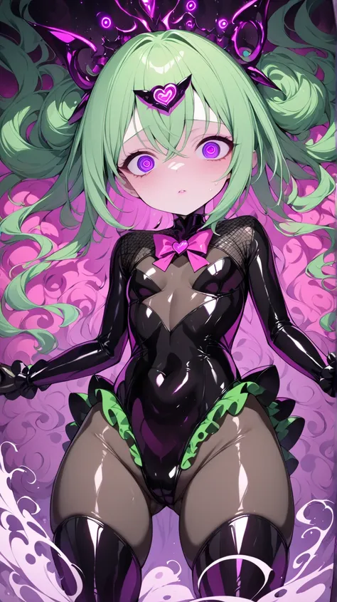  Young Beautiful Woman,( best quality, very detailed depiction, incredible high resolution,High quality anime drawings),(Magical girl costume based on black and pink, Bad End Bodysuit, latex bodysuit ,Body net suit, black tights, thigh-high boots),( green ...