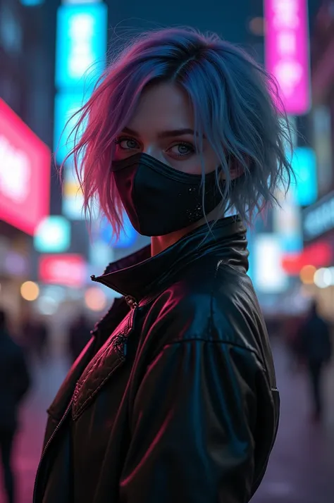 Ultra-realistic, masterpiece, ((Ultra detailed background, Intricate details)), best quality, Intricate details, Chromatic Aberration, woman, 20 years old, looking at viewer,  goth, rainbow hair, messy hair, bedhead, short hair, face mask, new york city, n...