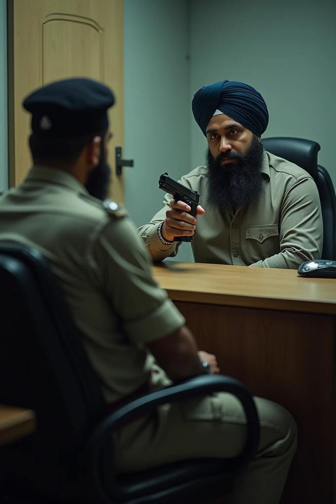 Make a realistic photo of Sidhu Moose Wala who is a Punjabi singer. And he is sitting in the officer room in the jail. He has a 47 gun in his hand and a police officer is sitting in front of him, IPS.