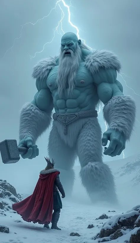 Create an epic photo of Thor The God of Thunder searching for his hammer a frost giant mysteriously must have the hammer in his hand while hiding,The giant must look like hes talking while pointing at Thor laughing.