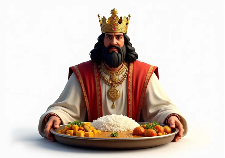 an indian king eating indian daal rice sabji in thali, he is standing on the floor, white background