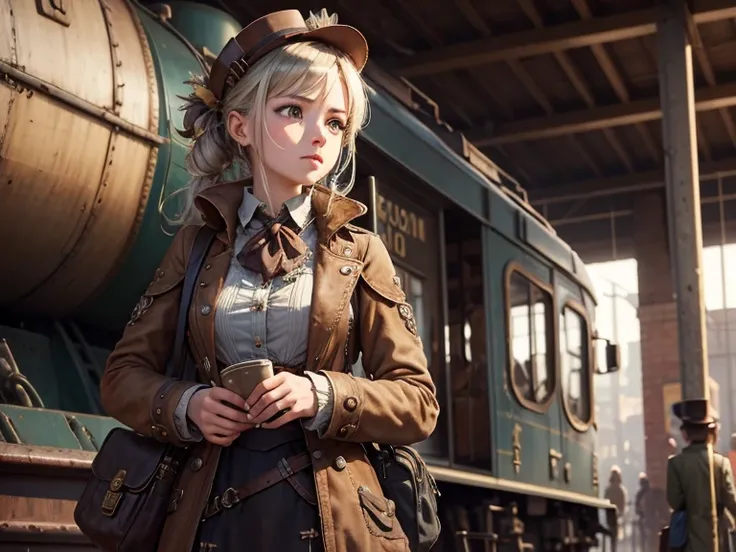 "steampunk,  cloud girl , masterpiece, detailed details, One roadbag  (threadbare, Battered by time),   in the background train station ,. женщина-Путешественник в стиле steampunk,  talking to conductor ,  passengers in random poses "