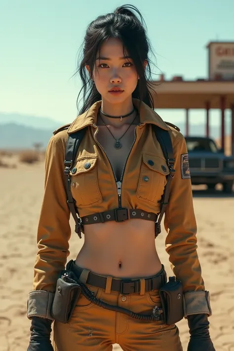 beautiful korean woman in dirty and torn sexy pilot outfit, standing in front of a car at a gas station in the middle of the desert, dystopian world