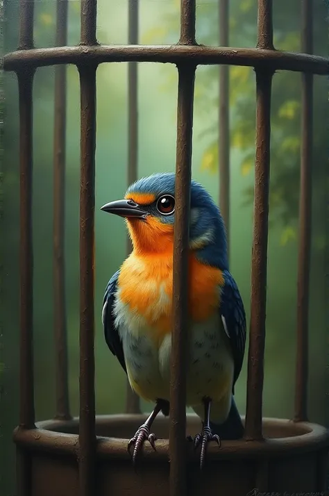 A painting of a small bird in a cage, looking outward through the bars.]