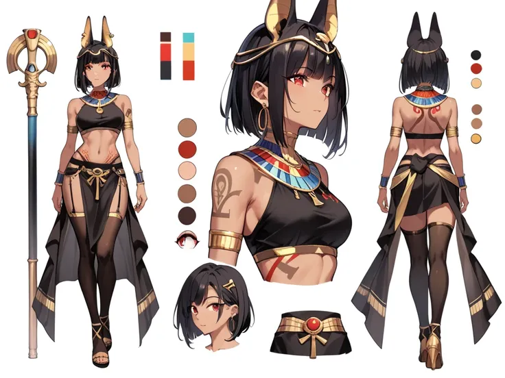 Egyptian, anime girl, ((short-medium hair)), (jackal ears) ((black hair)), ((red eyes)), full body, midriff, (medium breasts), (((no human ears))), mole, black clothes, ((reference sheet)), black thighs highs, black and golding tattoos