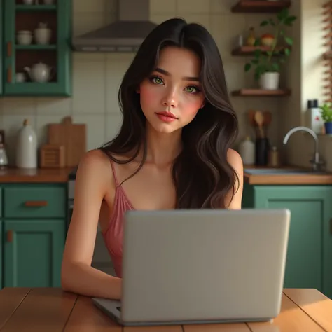 A realistic portrait of a black-haired, Latina, green-eyed, brunette teenager, dressed in a short feminine dress, with a very pretty face sitting behind a kitchen table with an open laptop