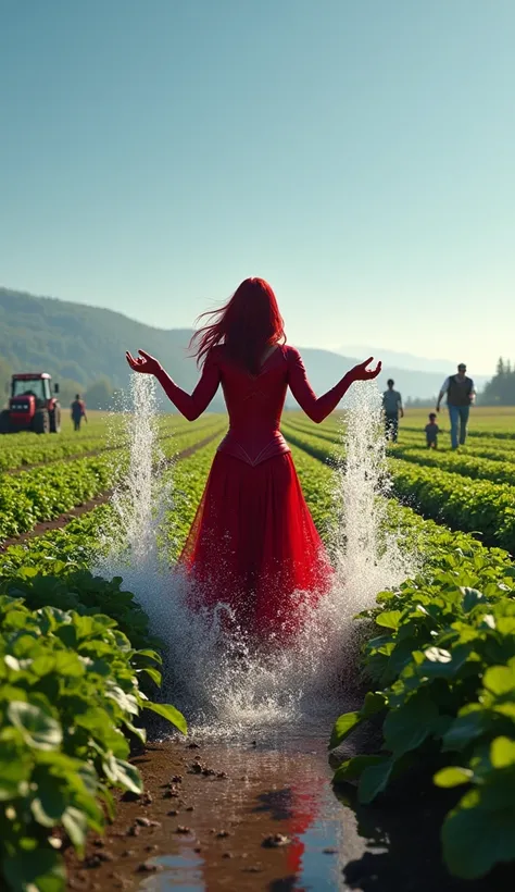 "A farmland where Scarlet Witch, in her iconic red outfit, uses her magic to water crops. Farmers watch her with gratitude as she controls streams of water flowing across the fields. The setting includes lush green crops, a tractor, and a clear sky."
