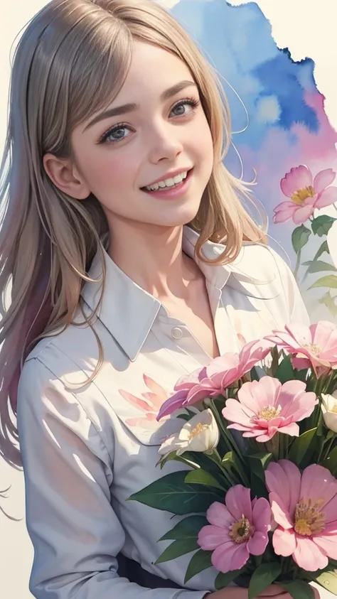 8k,​masterpiece,top-quality, Twerking ,Im contacting a 30 year old girl {{x}},  has a big bouquet, portrait,  floral,  watercolor sketch , light,  long hair,  laughs, Watercolor ( medium),Watercolor,Blouse with collar