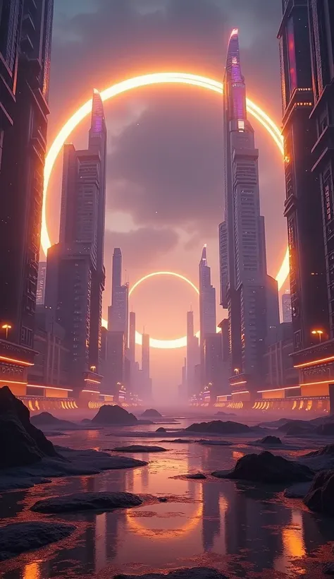 View from the surface of a futuristic city on Earth. The sky is dominated by massive planetary rings, but only half of the rings are visible, arching across the sky due to the perspective from the ground. The rings appear detailed, with icy and rocky textu...