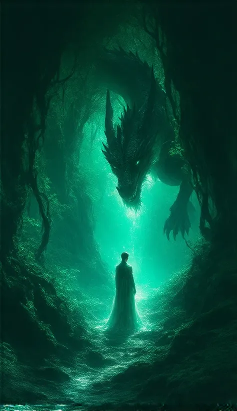 A secret cave hidden behind the foliage, illuminated by the soft moonlight, where a mystical dragon transforms into a handsome man before the astonished princess.” 