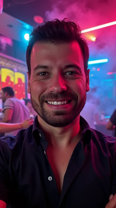  "A cinematic and ultra-realistic close-up of a man standing in a musical bar, looking directly at the camera. His face is split perfectly in half: one side shows a handsome human face with sharp, attractive features, and the other side is the iconic anima...