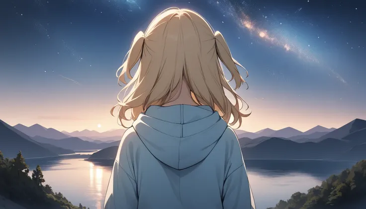  1 girl、Blonde、 two side up、 hair that flutters like、 light blue hoodie looking out at the starry sky、 back view、 standing、Full body portrait、night、Overlooking the lake from the top of the mountain