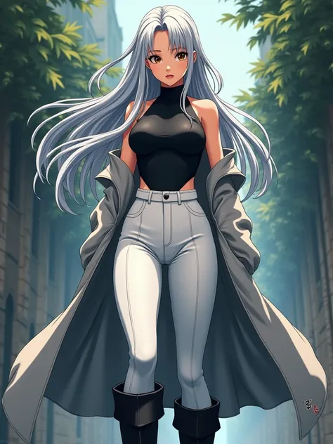  An updated description of :  

 A tall girl with silver-grey long hair ,  with flowing soft waves and slightly disheveled ,  hair, which adds vitality and naturalness to her look . Her sporty ,  toned physique is emphasized by a stylish and effective outf...