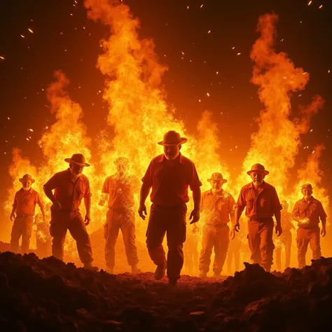 The text ‘The Laborers’ completely engulfed in realistic flames. The fire should look intense and dynamic, with bright hues of orange, yellow and red, as well as glowing embers and billowing smoke. The background should be dark or black to highlight the fi...