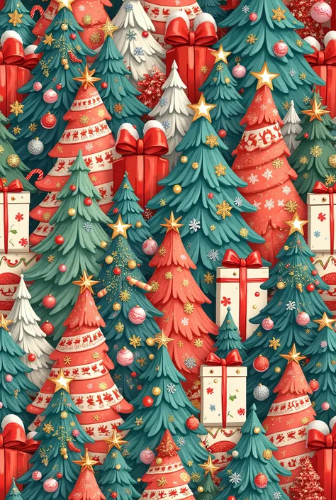 A dense seamless pattern featuring a variety of colorful Christmas elements placed closely together, including decorated Christmas trees, ornaments, candy canes, snowflakes, Santa hats, wrapped gifts, and holly leaves. The design should create a cohesive, ...