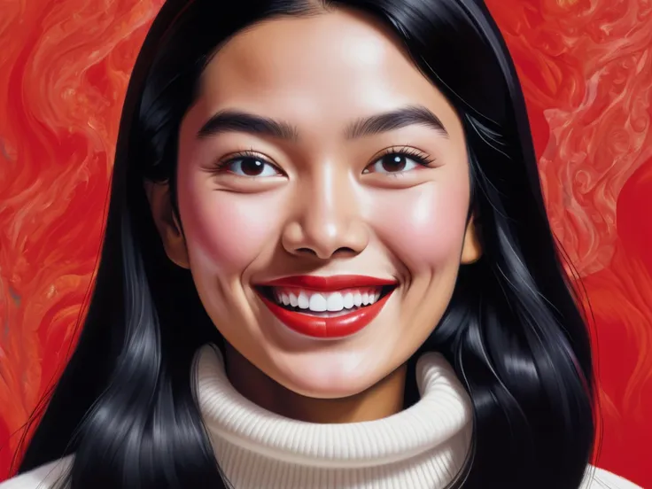 a Dutch-Indonesian woman with long black hair and black eyes dressed in a white turtleneck sweater, her lips curled into a soft chuckle, her eyes squinting slightly in delight, against a bright abstract red background.