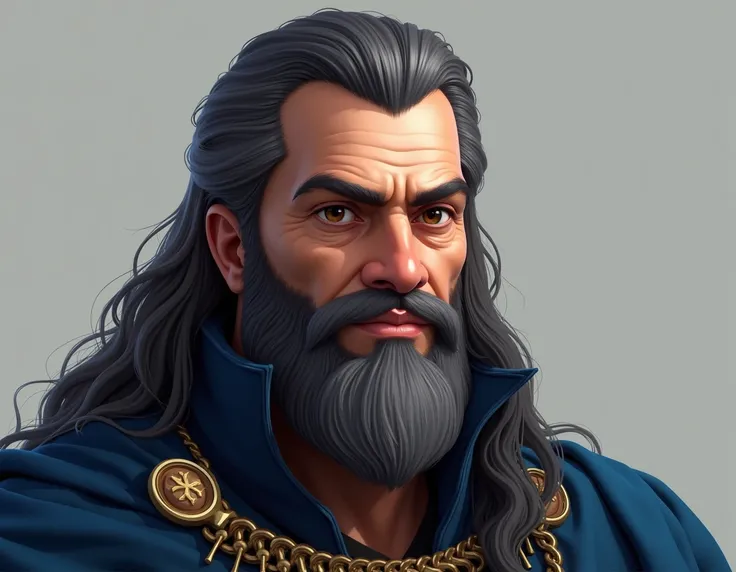  Realistic digital illustration of the portrait of a king in his fifties, with light skin,  long but groomed hair , dark with some gray hair , brown eyes with red , haughty look.  wears blue and black has a short beard