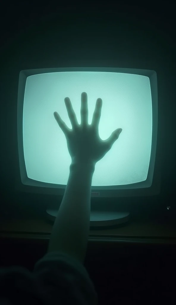  A close view of a TV turned off ,  where the reflection shows something that looks like a pale hand pressing against the screen, as if trying to get out. The hand is nearly translucent ,  and the background is a normal reflection of the room ,  creating a...