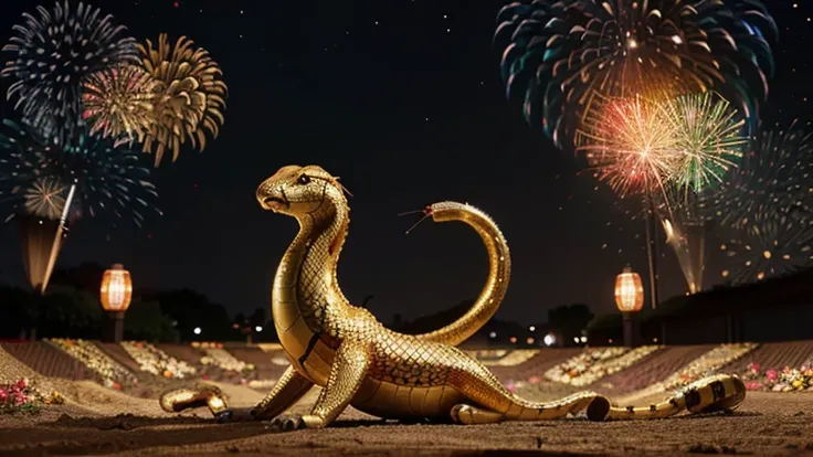 Vector Snake New Year Celebration: A majestic golden snake curled elegantly around a glowing 2024 number, with intricate patterns of flowers, fireworks, and traditional New Year elements like lanterns and cherry blossoms in vibrant red and gold.