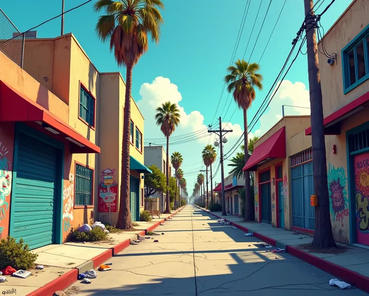 Create a 2D illustration of a gritty urban street in a Los Angeles ghetto. The scene should feature rundown buildings, graffiti-covered walls, cracked sidewalks, and scattered trash. Include palm trees and power lines to emphasize the LA setting. The light...