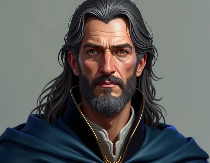  Realistic digital illustration of the portrait of a king in his fifties, with light skin,  long but groomed hair , dark with some gray hair , brown eyes with red , haughty look.  wears blue and black has a short beard