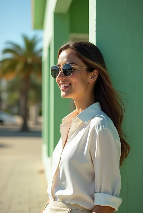  Only half of the face of an American woman from the side looking with sunglasses smiling on the right side of the image. Women occupy only the vertical half of the image. Background of the image green beach house with sunlight radiating ,  upper body.1 , ...