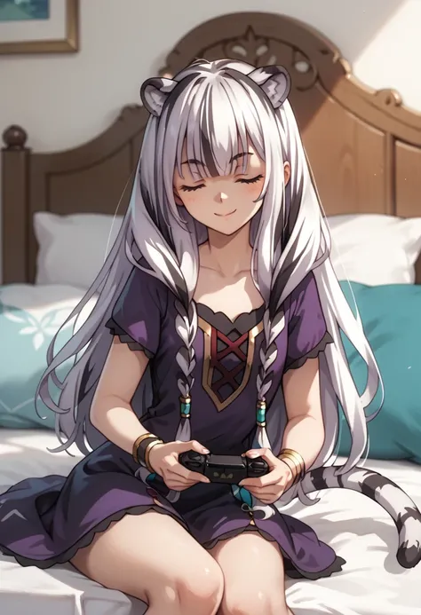 ((masterpiece)), anime style, 1girl, solo, long hair, white tiger ears, white tiger tail, closed eyes, sitting on bed, holding gamepad, sly smile, purple dress, black dress, multicolored dress, bracelet. 