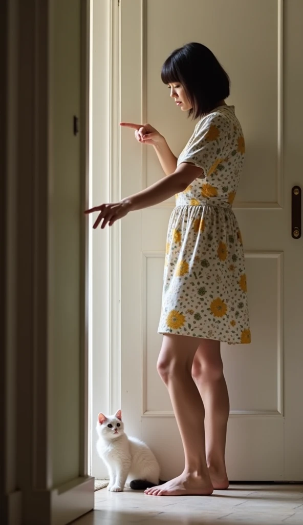 A woman wearing a simple floral dress, standing in front of a little white kitten, pointing firmly toward a half-open door. Her posture is authoritative, and her expression is stern, indicating she is telling the kitten to leave the house. The kitten sits ...