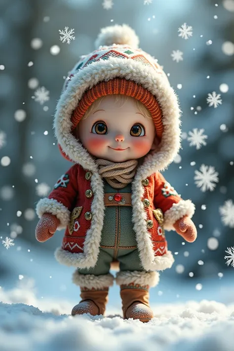 Create a small doll that is dressed in North Pole clothing and that is falling full color snow