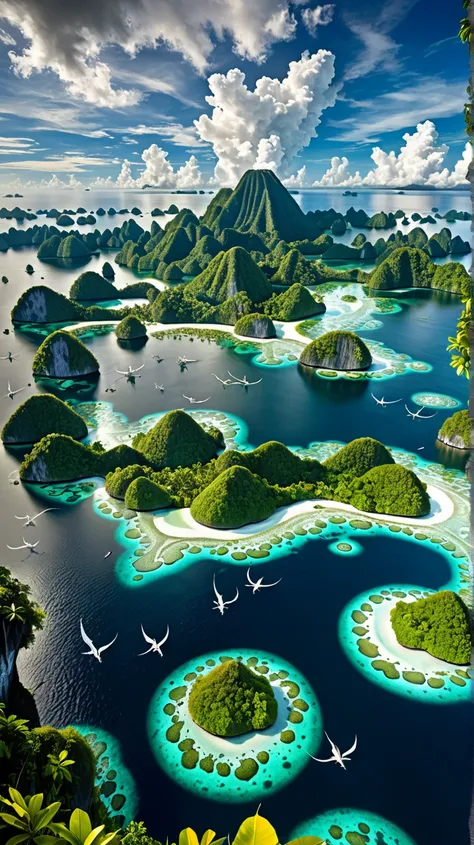 Dramatic depiction of the formation of Raja Ampat islands, with mystical elements showing dragons and princesses forming the land and ocean in a moment of magical harmony.” 